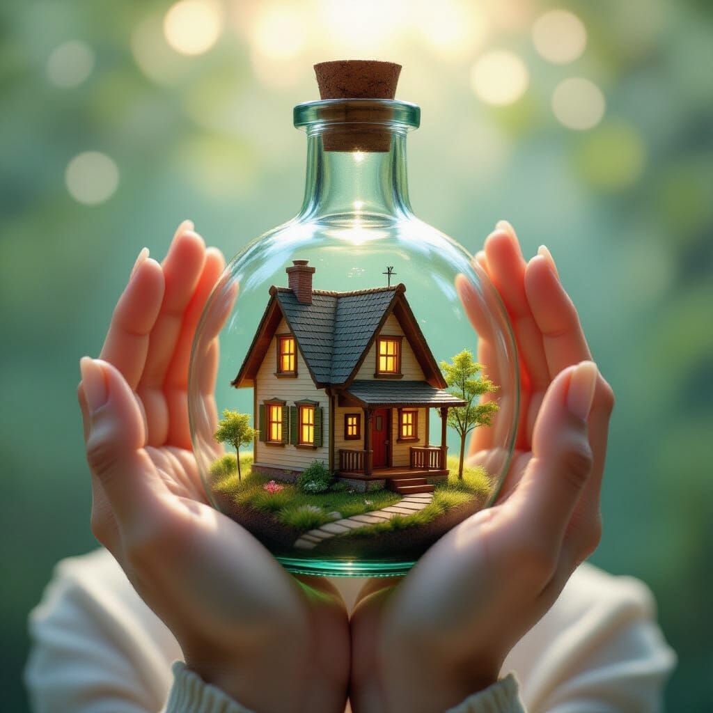 Tiny Painted House in Bottle, Held in Awestruck Hands