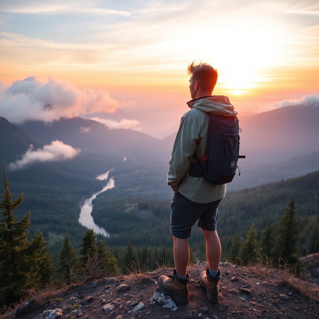 Hiker Observes Sunset Over Mountain Landscape