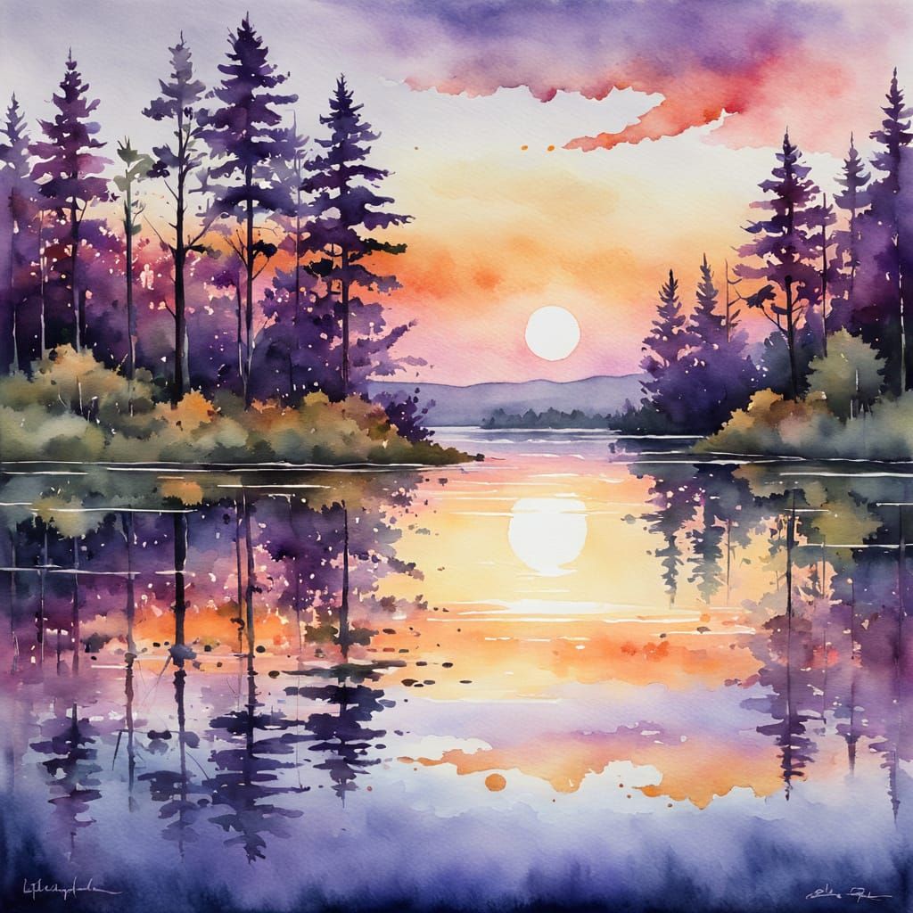 Tranquil Sunset Lake Reflection with Wildflowers