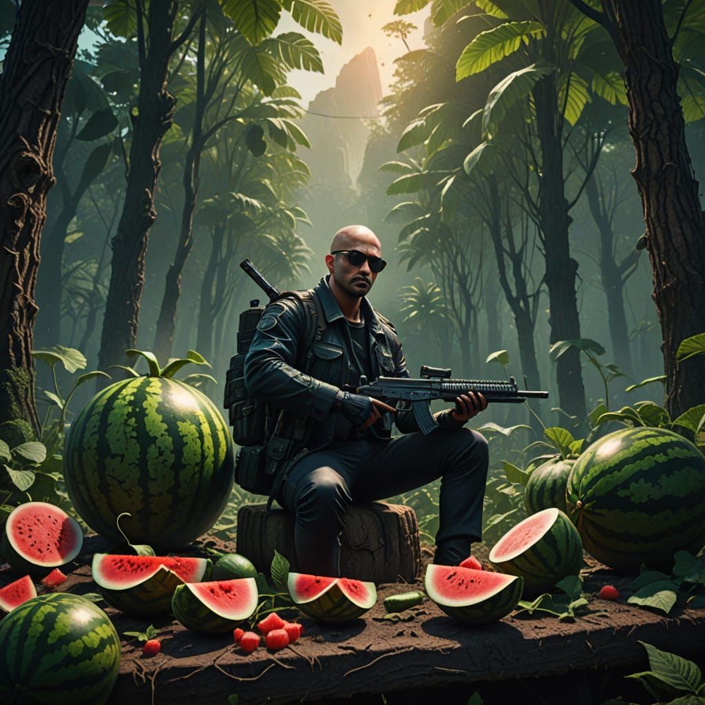 Watermelon Headed Man with Gun and Knife