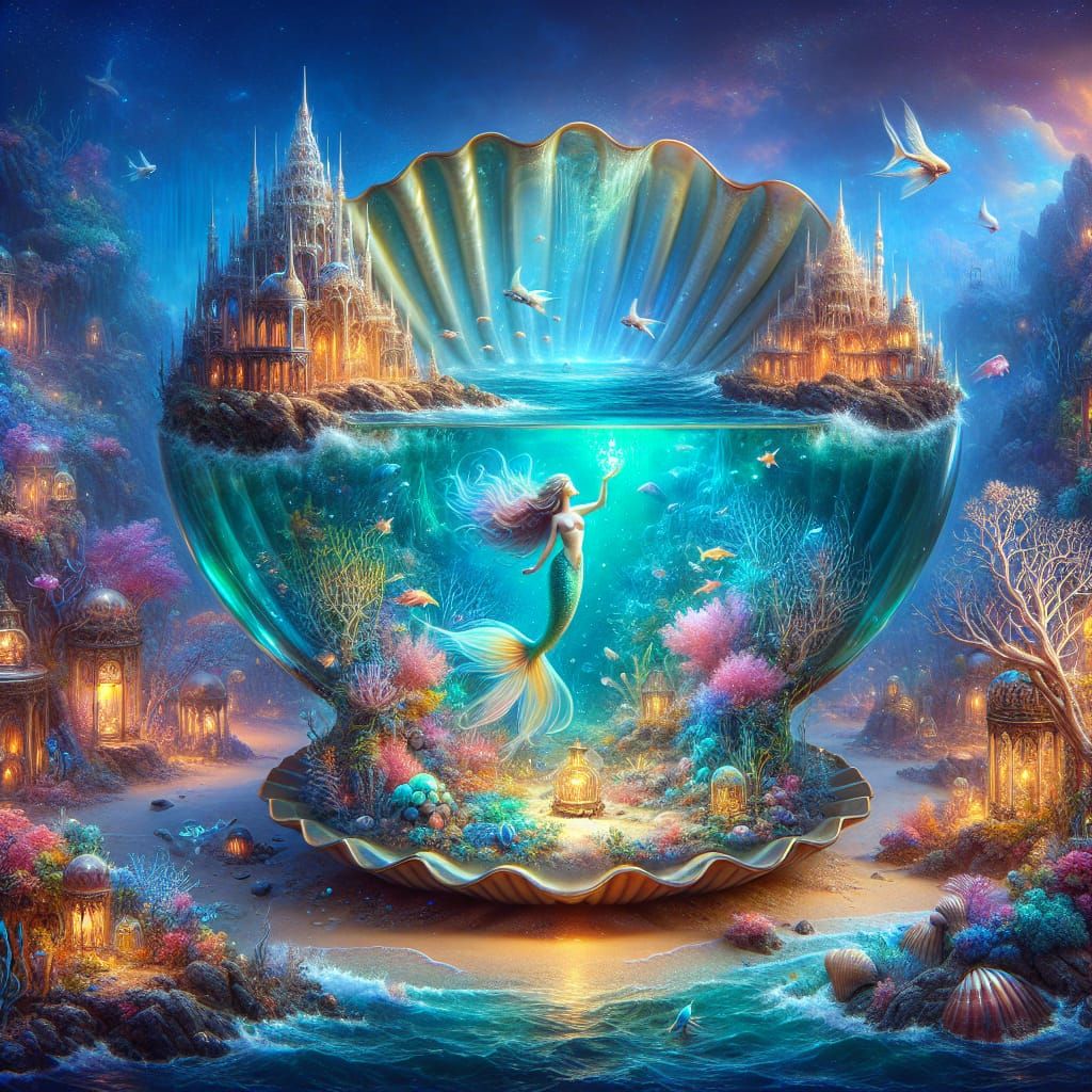 Atlantis Mermaid in Glass Clam Shell Fantasy