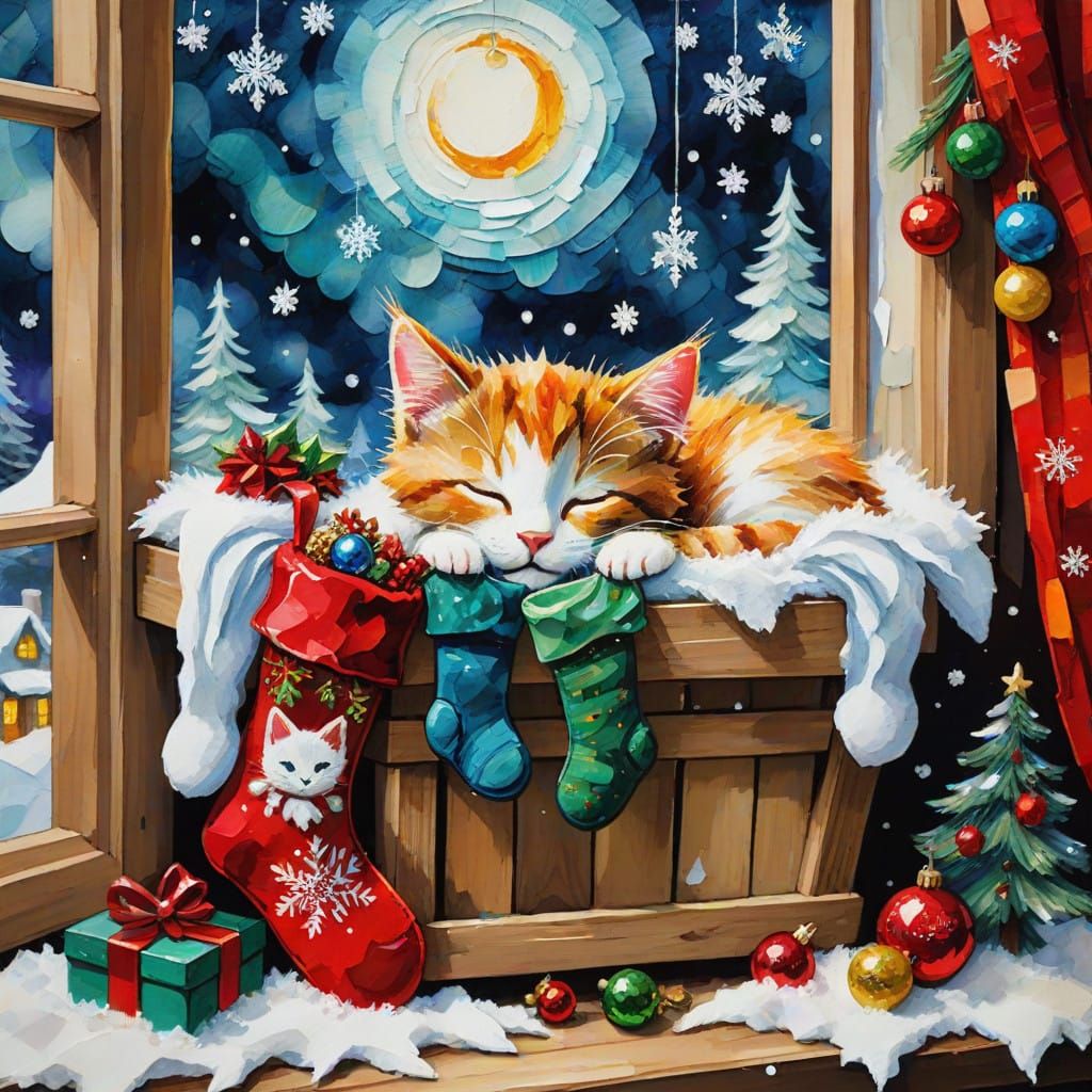 Whimsical Kitten's Winter Slumber Mixed Media Art