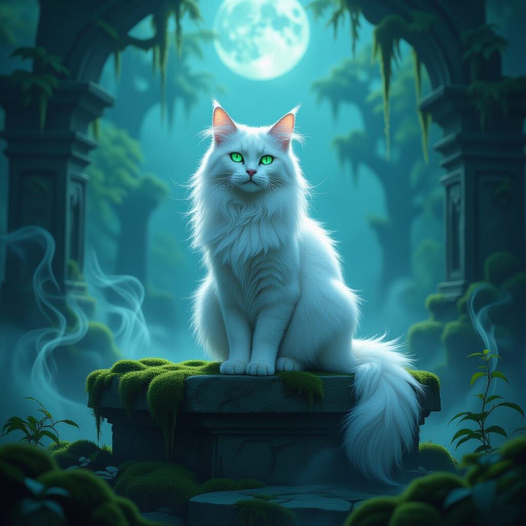 White Cat on Ancient Altar in Moonlit Enchanted Forest