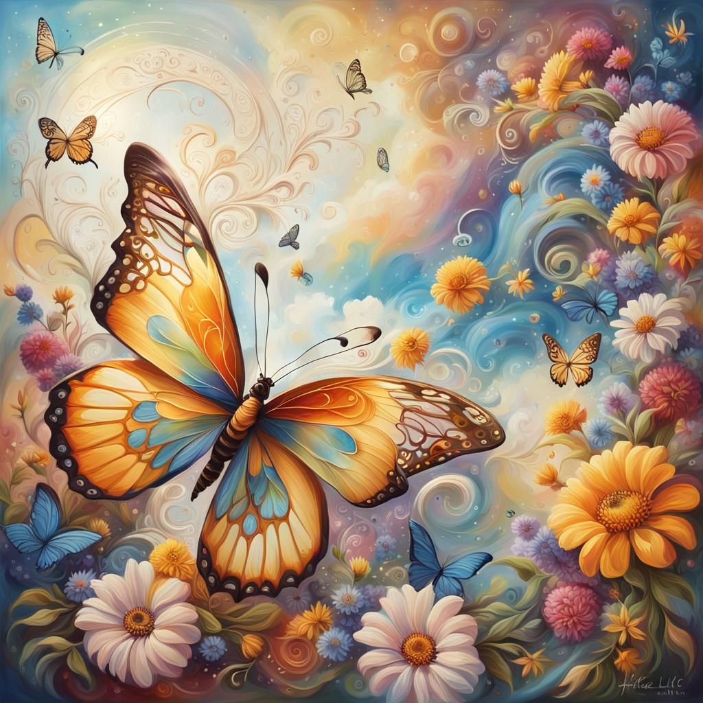 Colorful Butterfly Oil Painting with Filigree Details