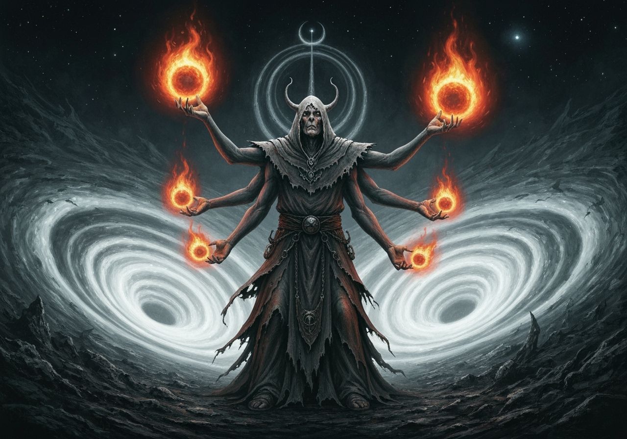 Cosmic Wizard Conjuring Fire Spheres in a Dark Atmosphere