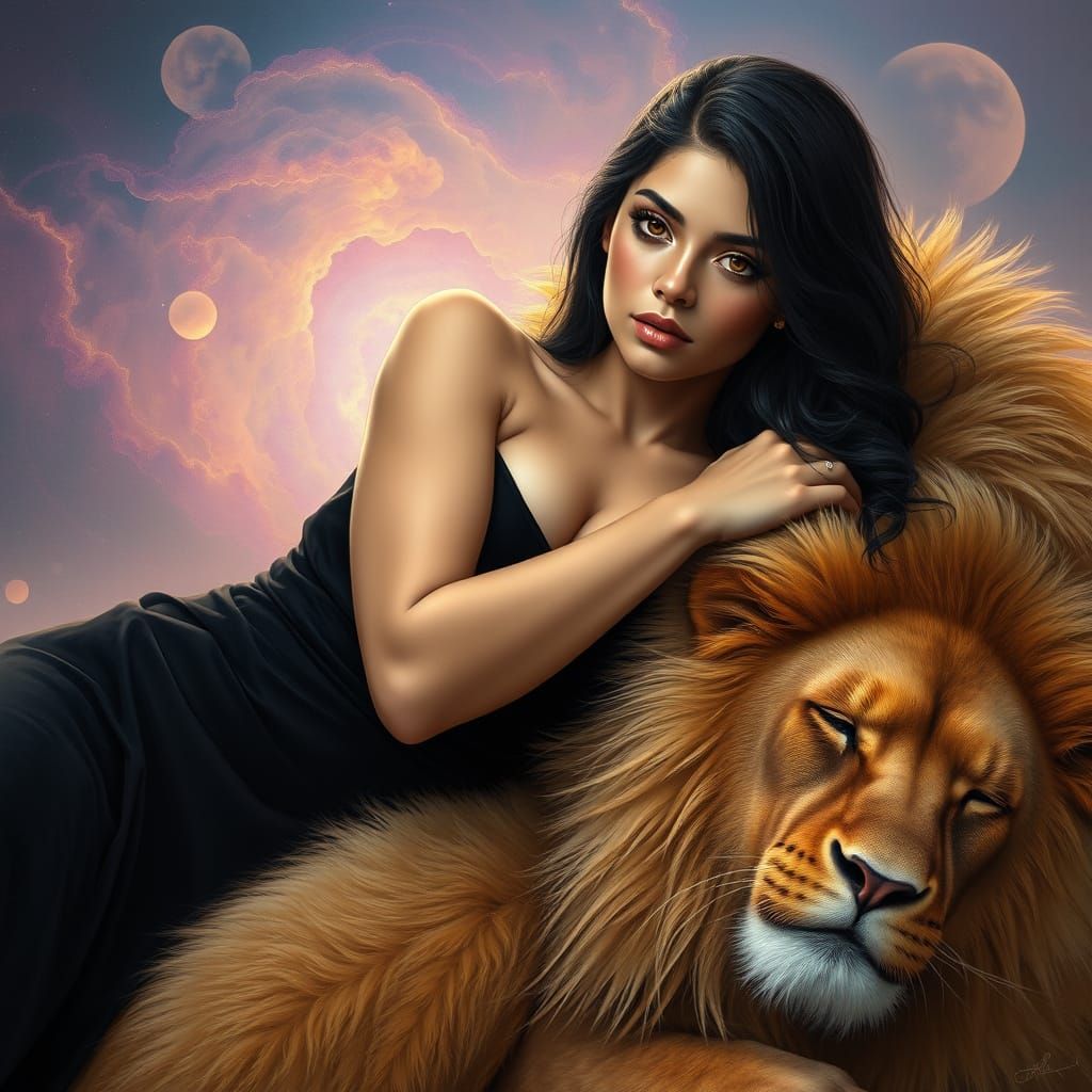 A surreal digital painting depicts a captivating Latina woman with long, raven-black hair cascading over her shoulders a...