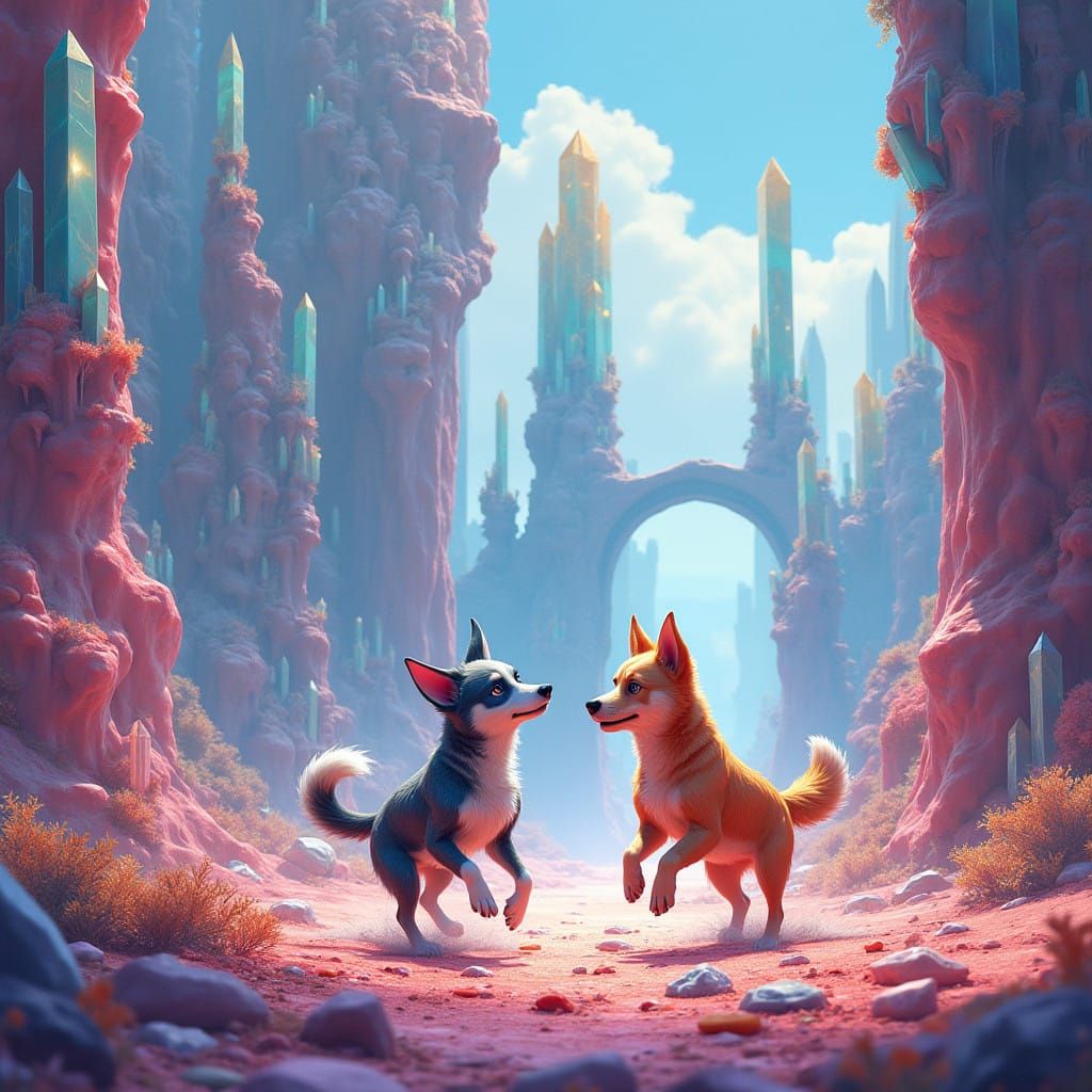 Glowing Crystal Realm: Iridescent Dogs in Vibrant Pursuit