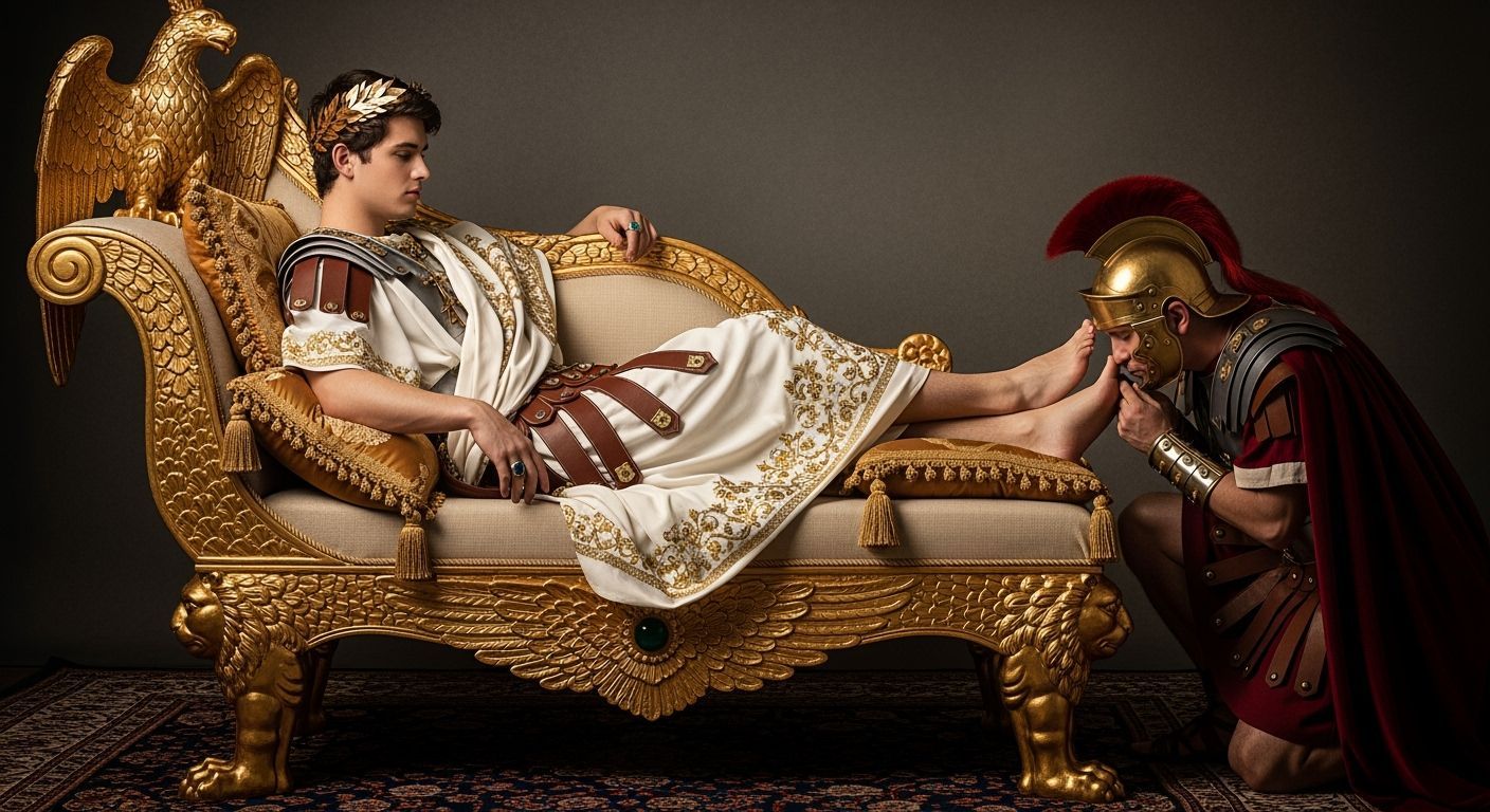 Opulent Roman Emperor Lounging on Gold Chaise Longue