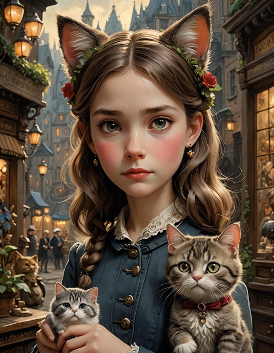 Adorable Cat-Eared Girl in Ornate Cafe