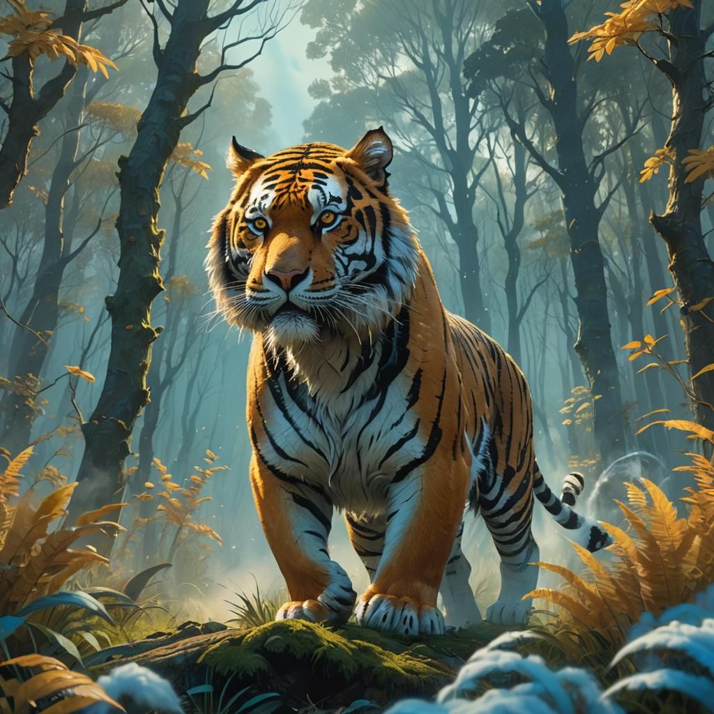 Tiger Emerges from Clouds in Mystical Forest