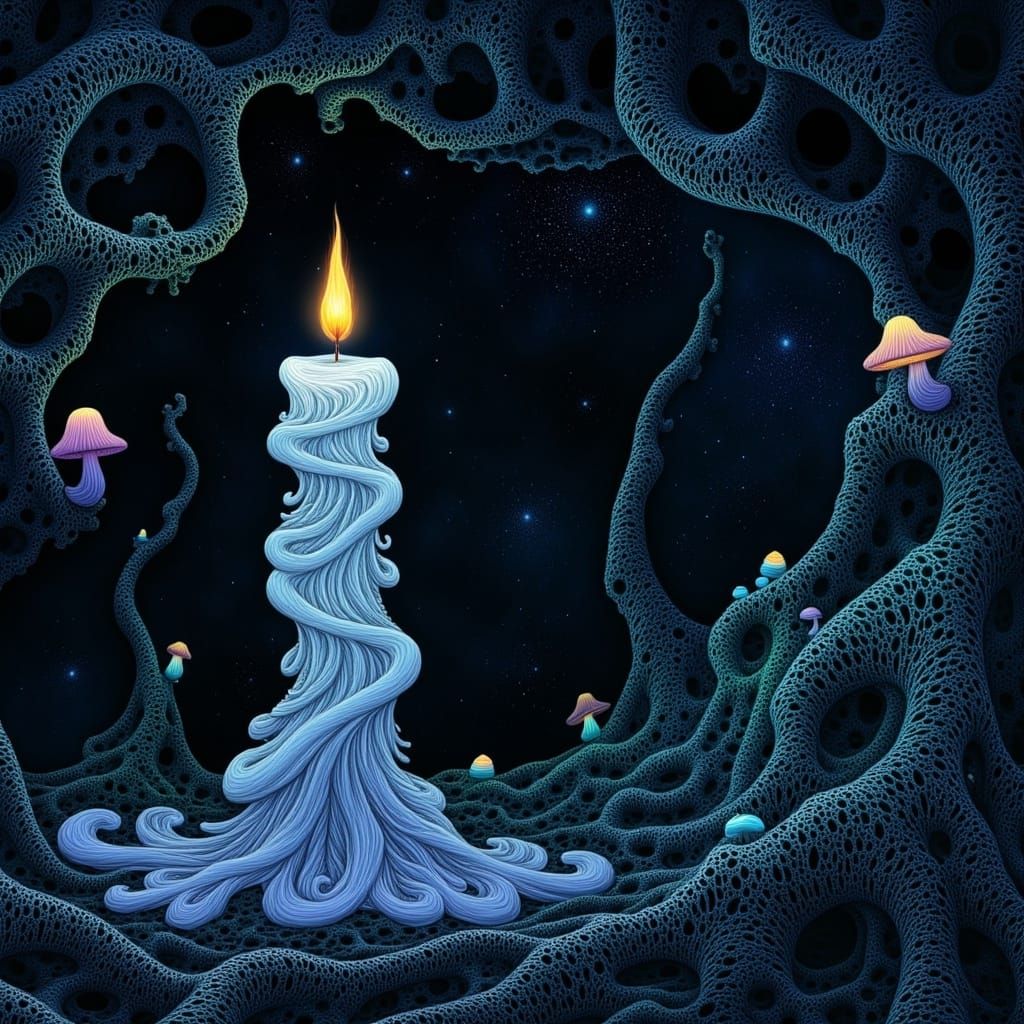 Surreal Candle Illuminates Mystical Forest in Infinity
