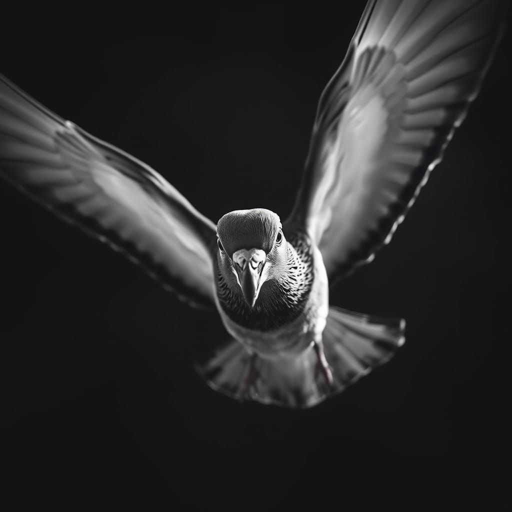 Intimate Fisheye Portrait of a Flying Pigeon in Monochrome
