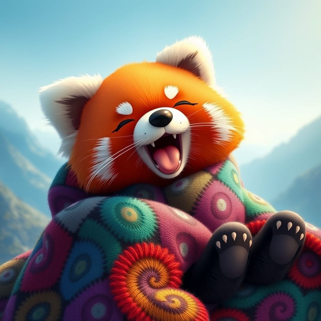 Whimsical Red Panda in Vibrant Patchwork Blanket