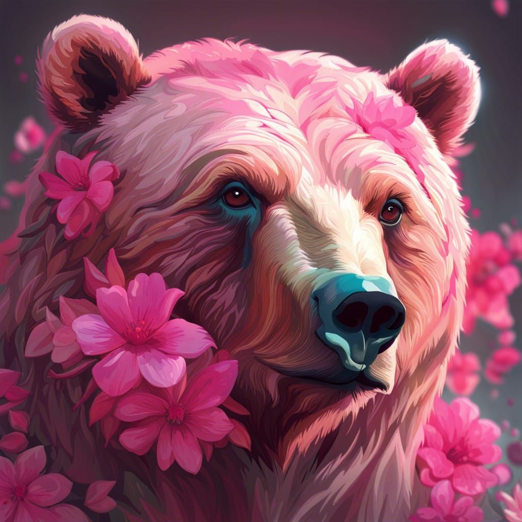 Pastel Pink Floral Bear Portrait in Digital Art Style