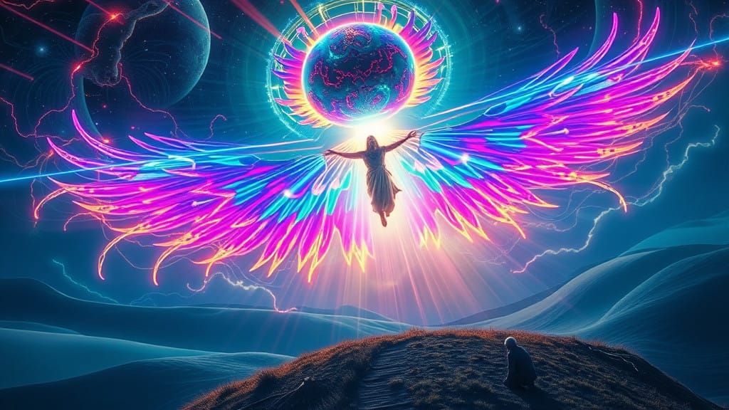 Elijah's Radiant Ascension in Vibrant Neon Hues