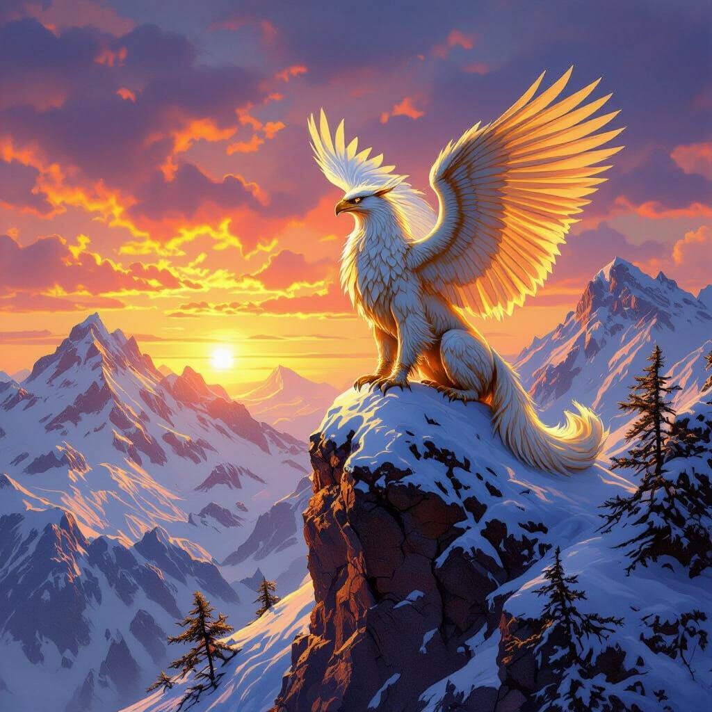 Majestic Griffin Perched Atop Snowy Mountain Peak