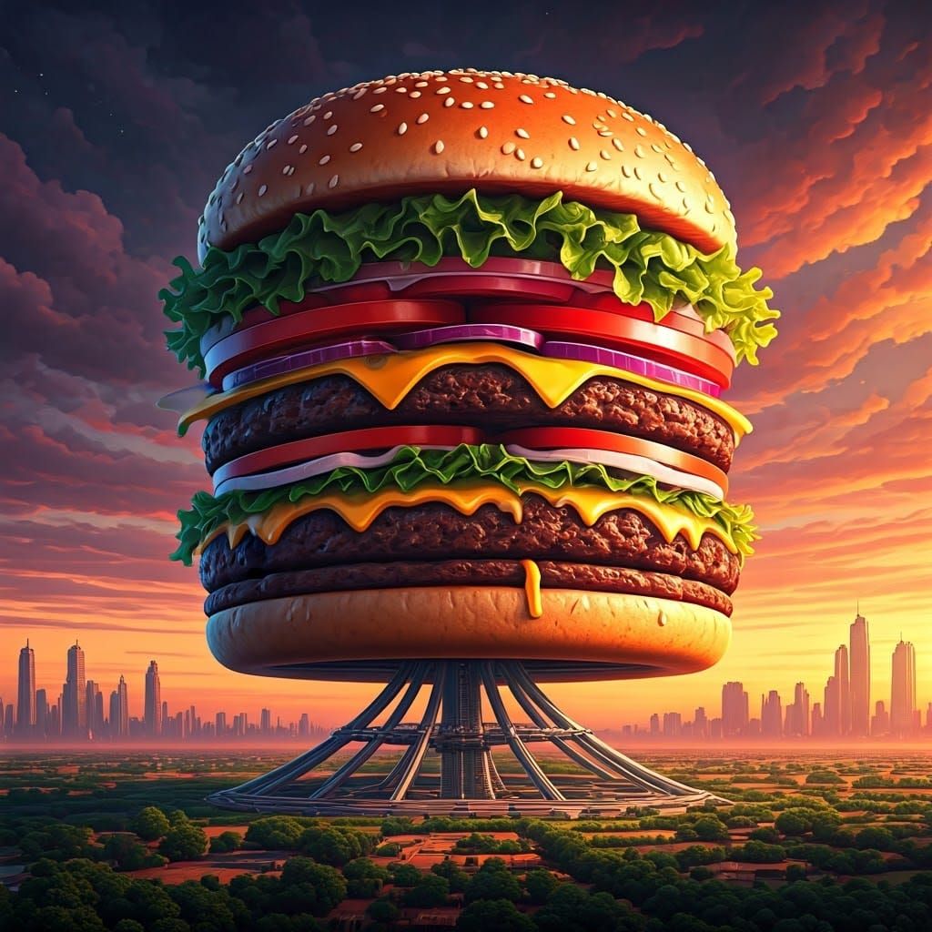 Toy Burger Tower in Dreamlike Landscape