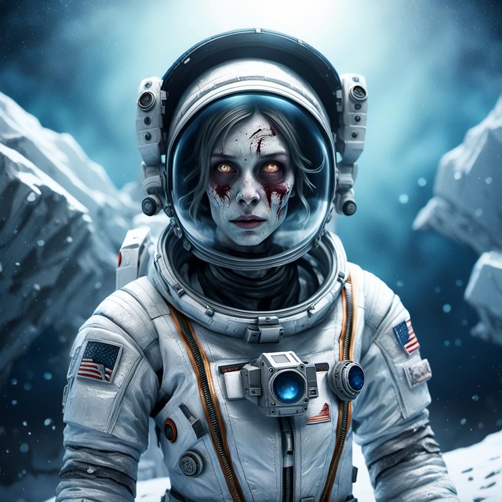Zombie Astronaut in Icy Space: Photorealistic Horror