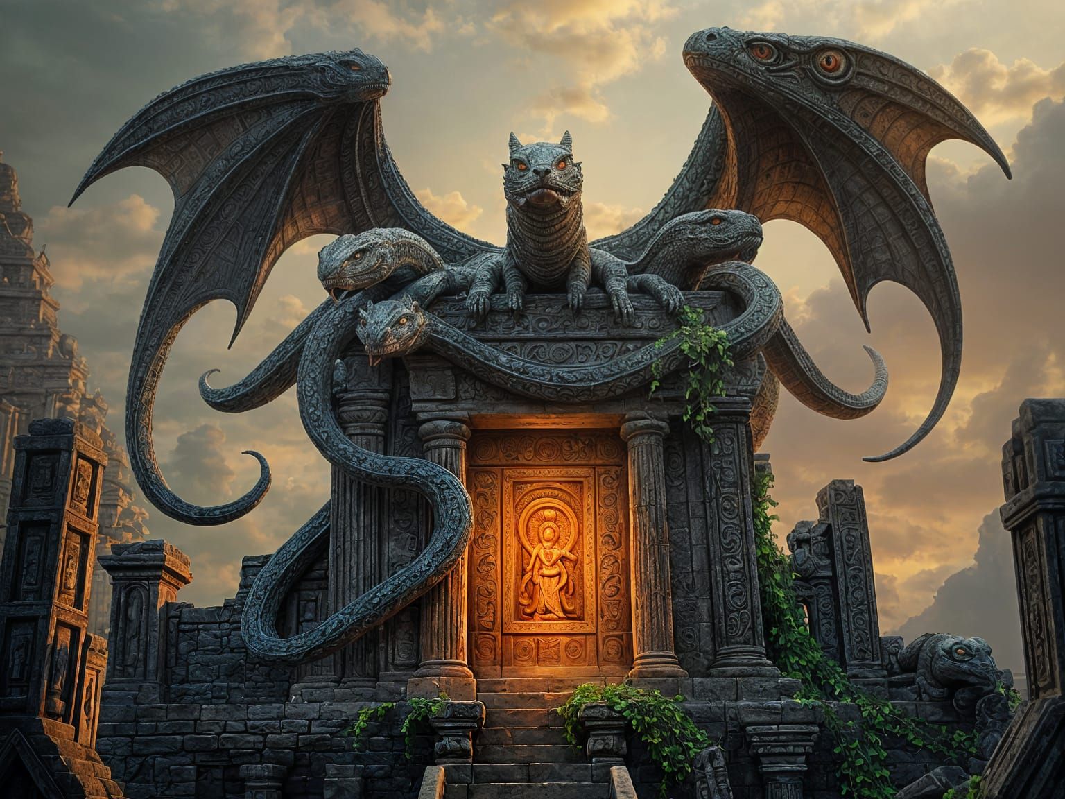 Multi-Headed Serpent Guardian of Ancient Temple