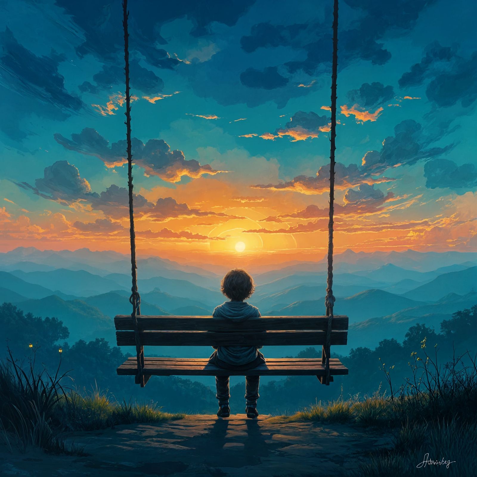 Child on Swing Gazing at Glowing Horizon in Impasto Style