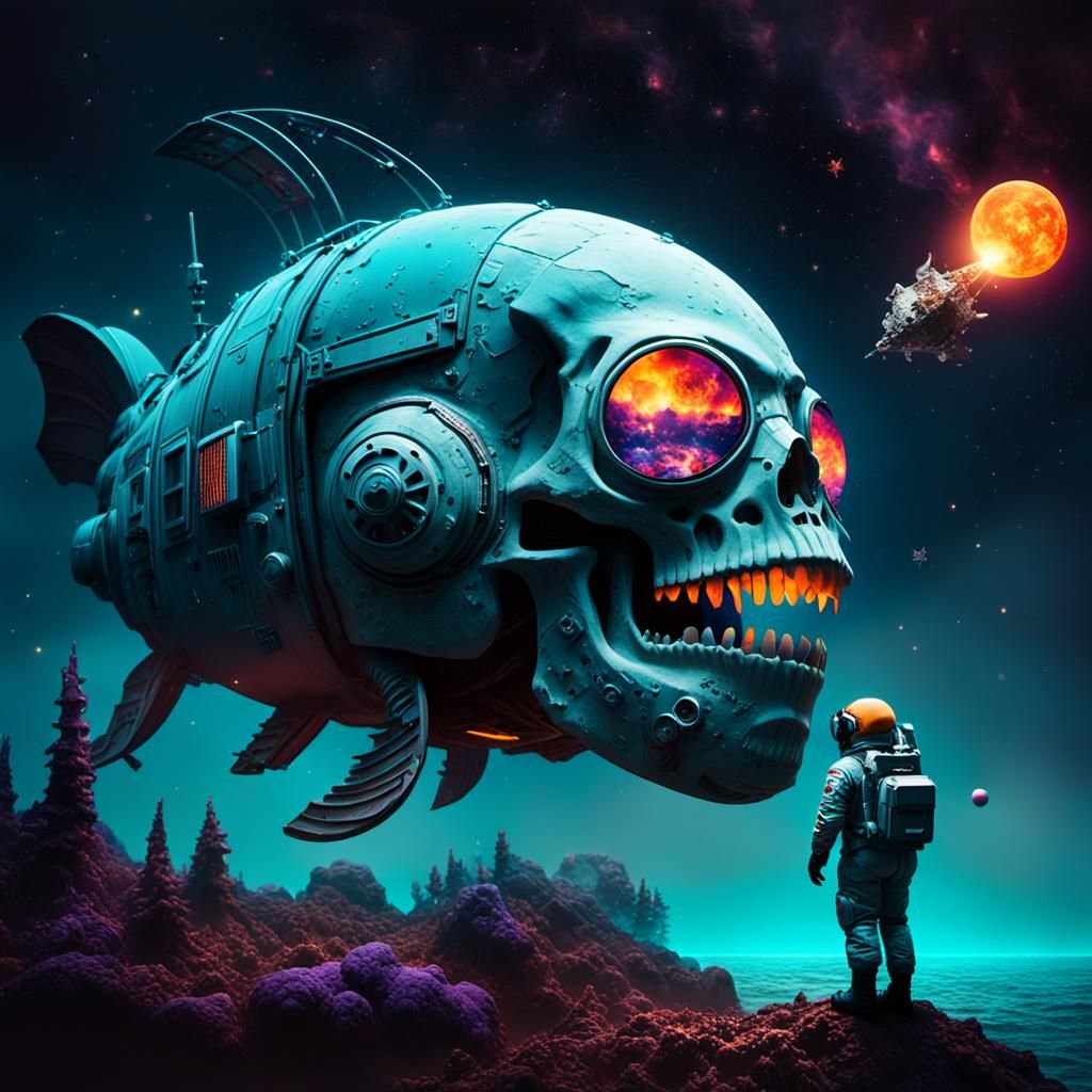 Astronaut and Burning Skull Planet in Surreal Atmosphere