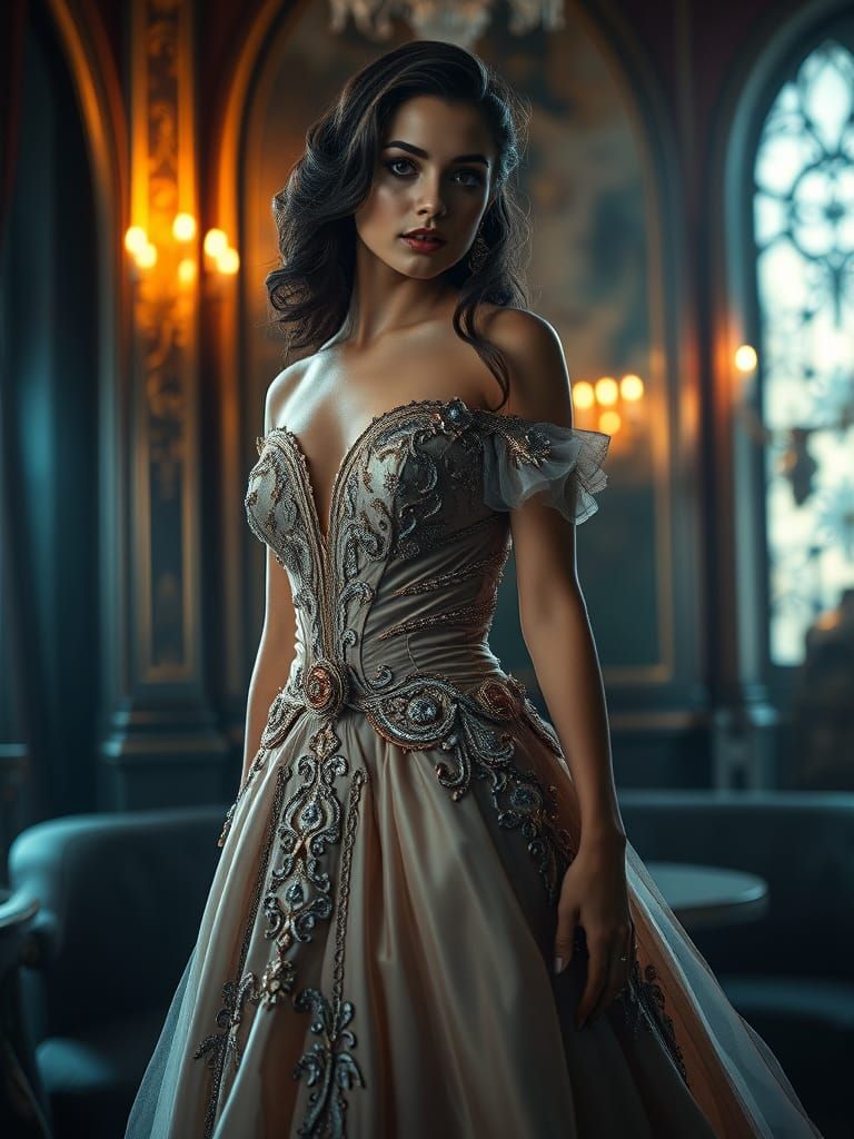 Elegant Woman in Lavish Gown: Cinematic Hyperrealism
