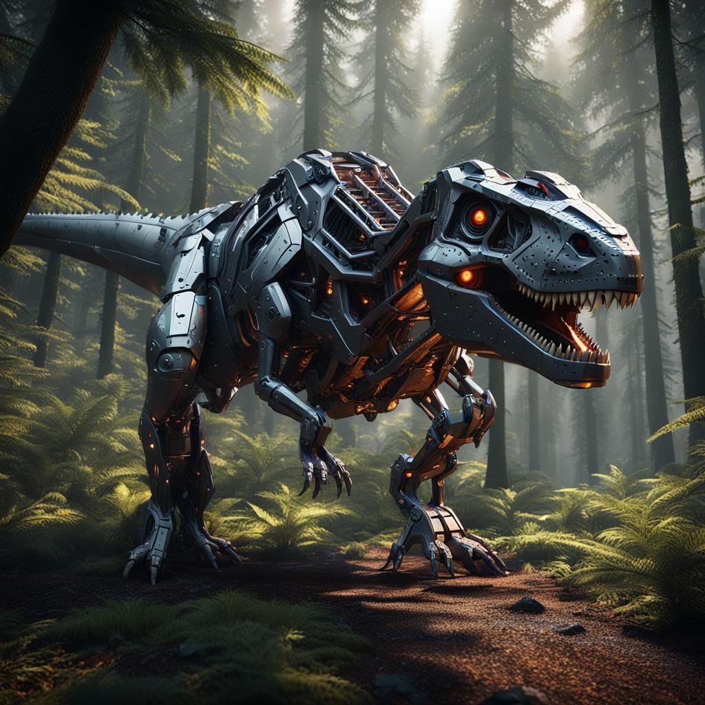T-Rex Emerges: Intricate Mech Details in Sci-Fi Style