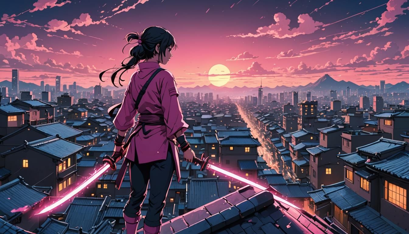 Pink Ninja Girl on Rooftops in Synthwave Anime Style