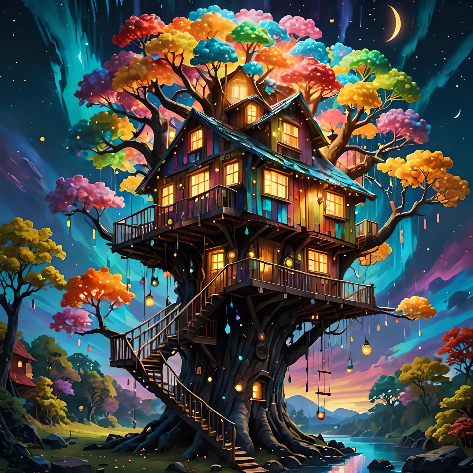 Candy Treehouse in Bioluminescent Impasto Painting