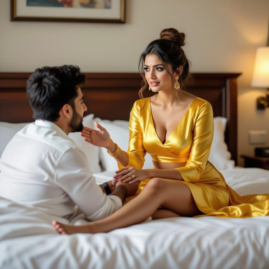 Indian Woman in Yellow Silk Outfit Confronts Man on Bed