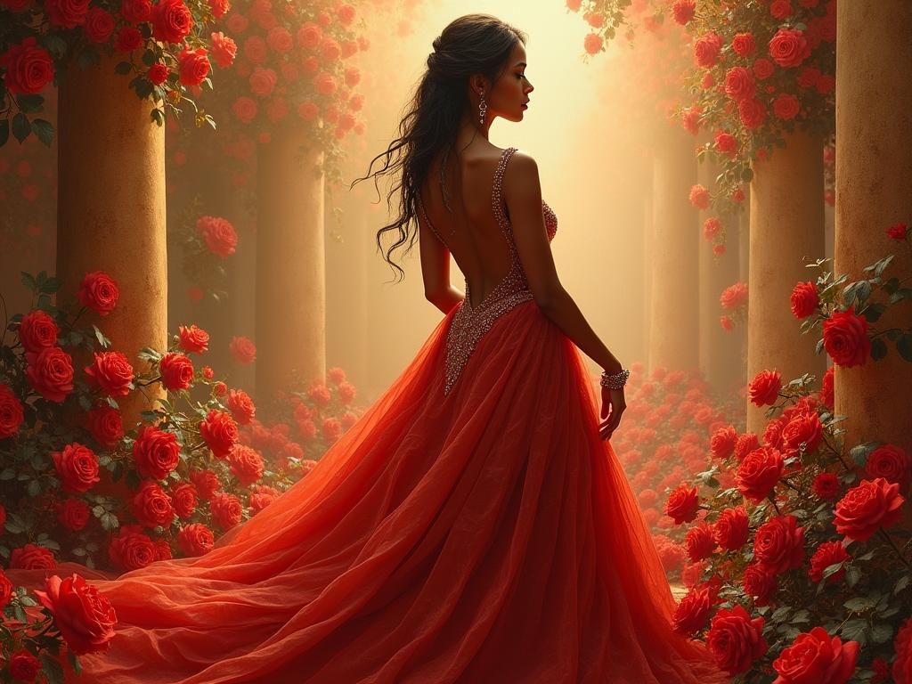 Nubian Princess in Red Gown with Roses