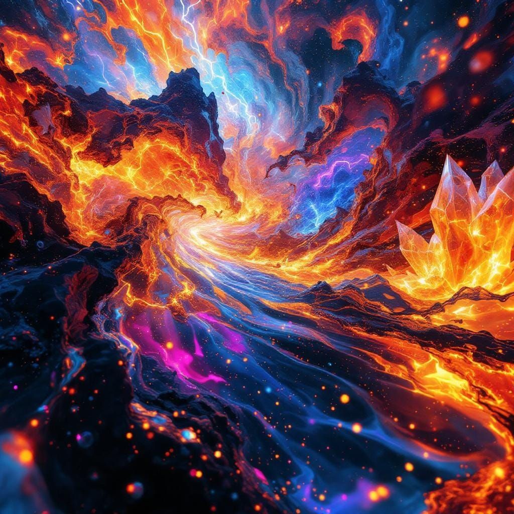 Elemental Convergence in Cosmic Void: A Surreal Neon Dance