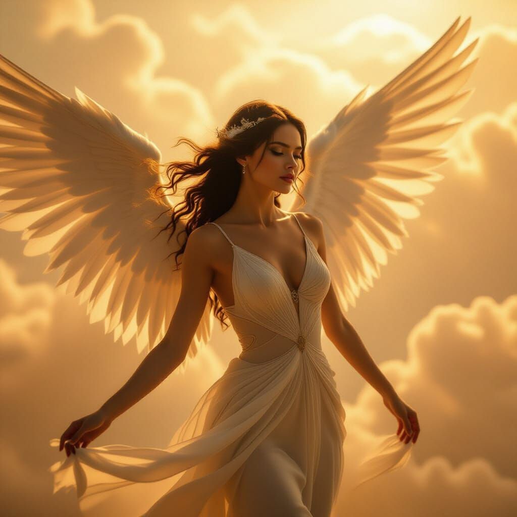 Ethereal Angel Dancing in Golden Clouds Cinematic Film Still