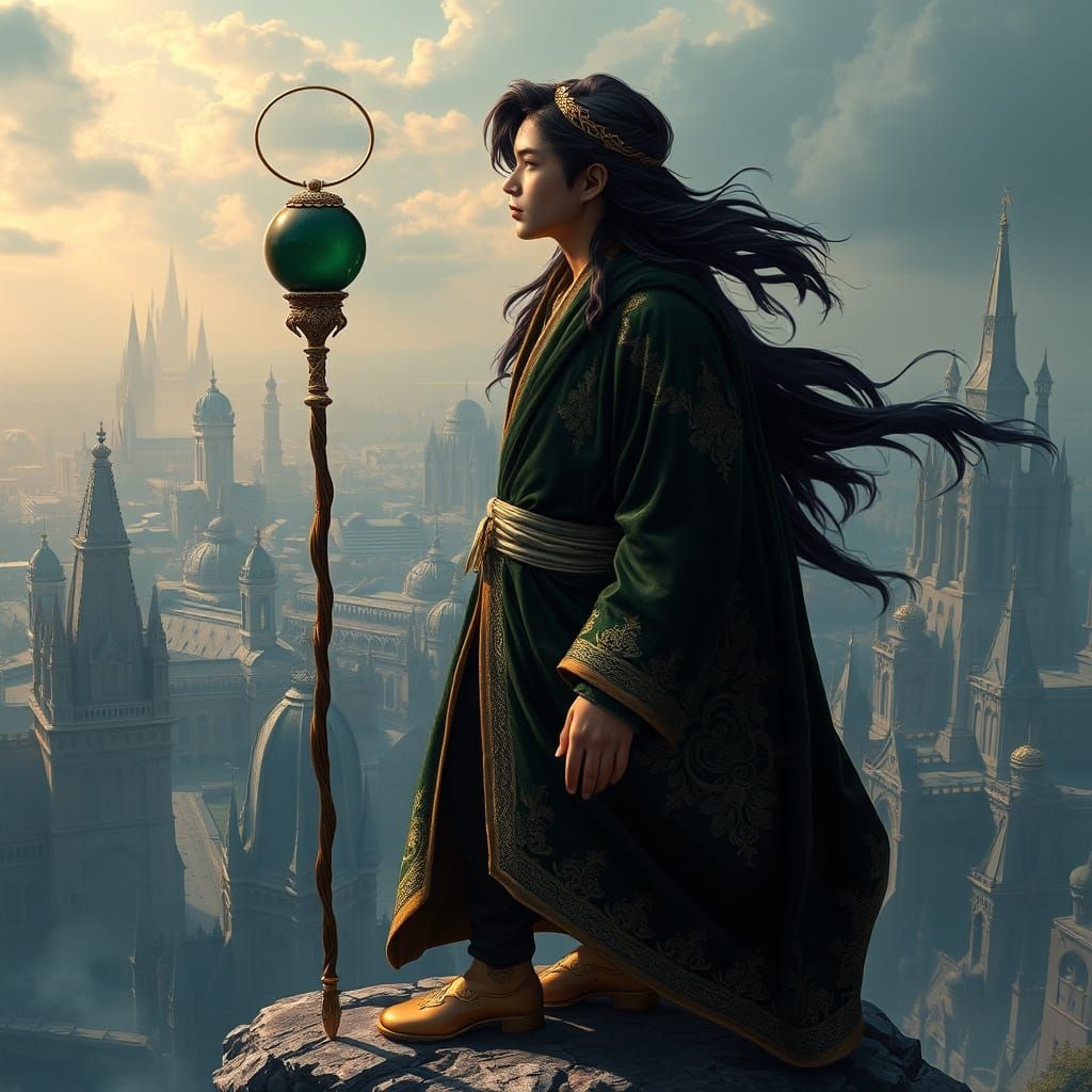 Serenic Young God with Golden Scepter and Velvet Robe