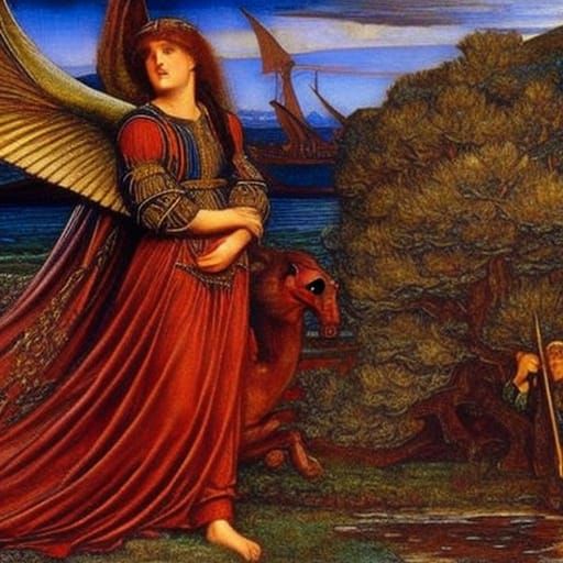 Celestial Galleon with Dragon in Pre-Raphaelite Style