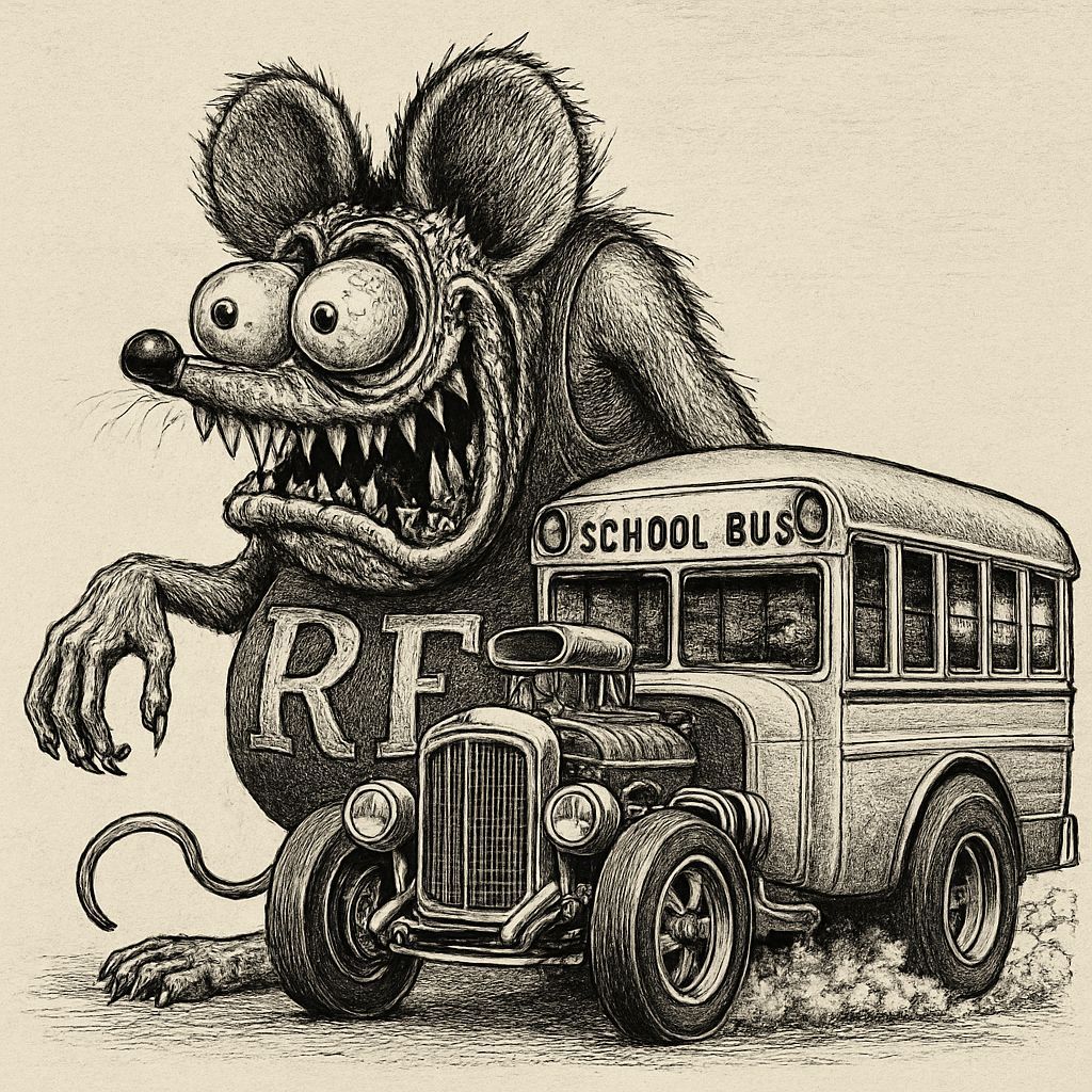 Grotesque Rat Fink Monster with Oversized School Bus