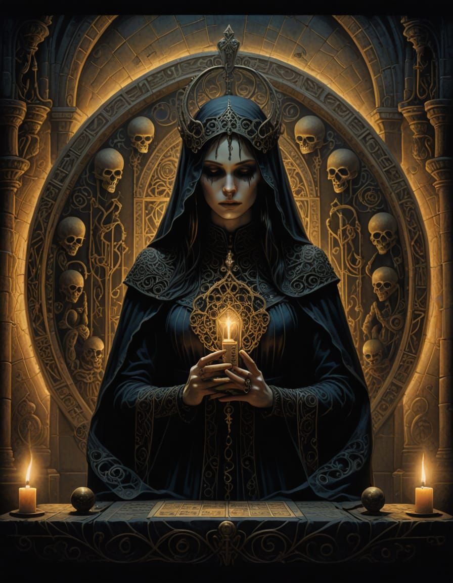 Gothic Woman in Mysterious Chamber