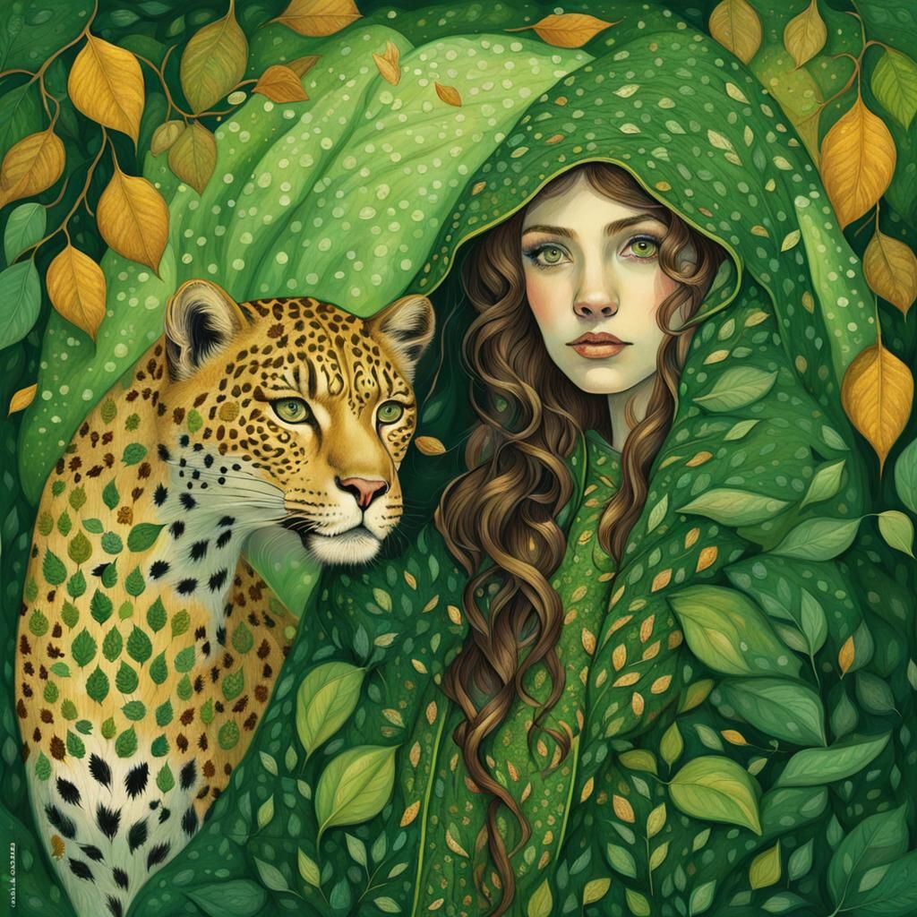 Druid in Fantasy Forest, Klimt-Inspired Illustration