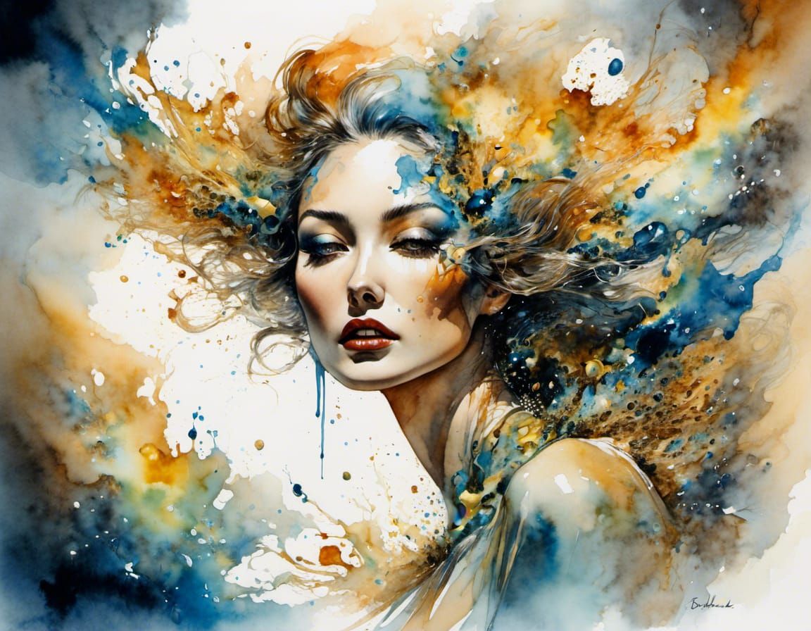 Surreal Paint Pour Portrait in Steampunk Op Art Style