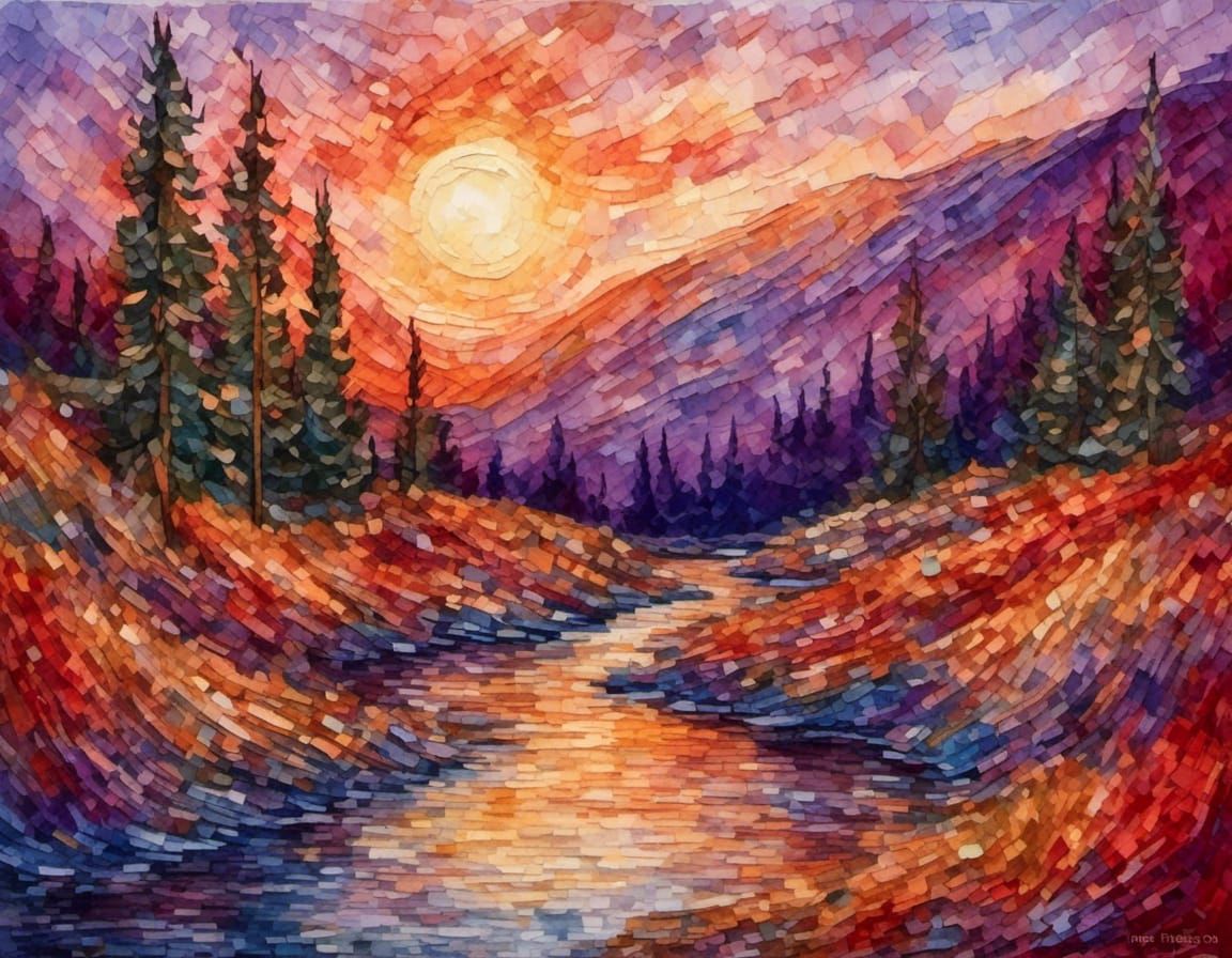 abstract golden red sunset, abstract purple and blue mountai...