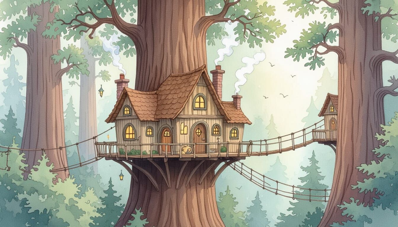 Whimsical Redwood Treehouse Village in Watercolor Style