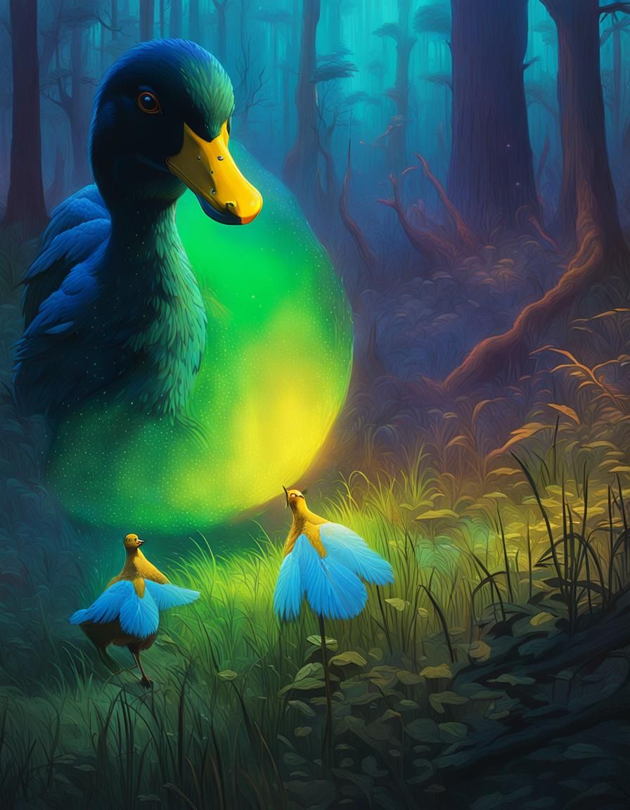 Glistening Call Duck in Mystical Forest at Night