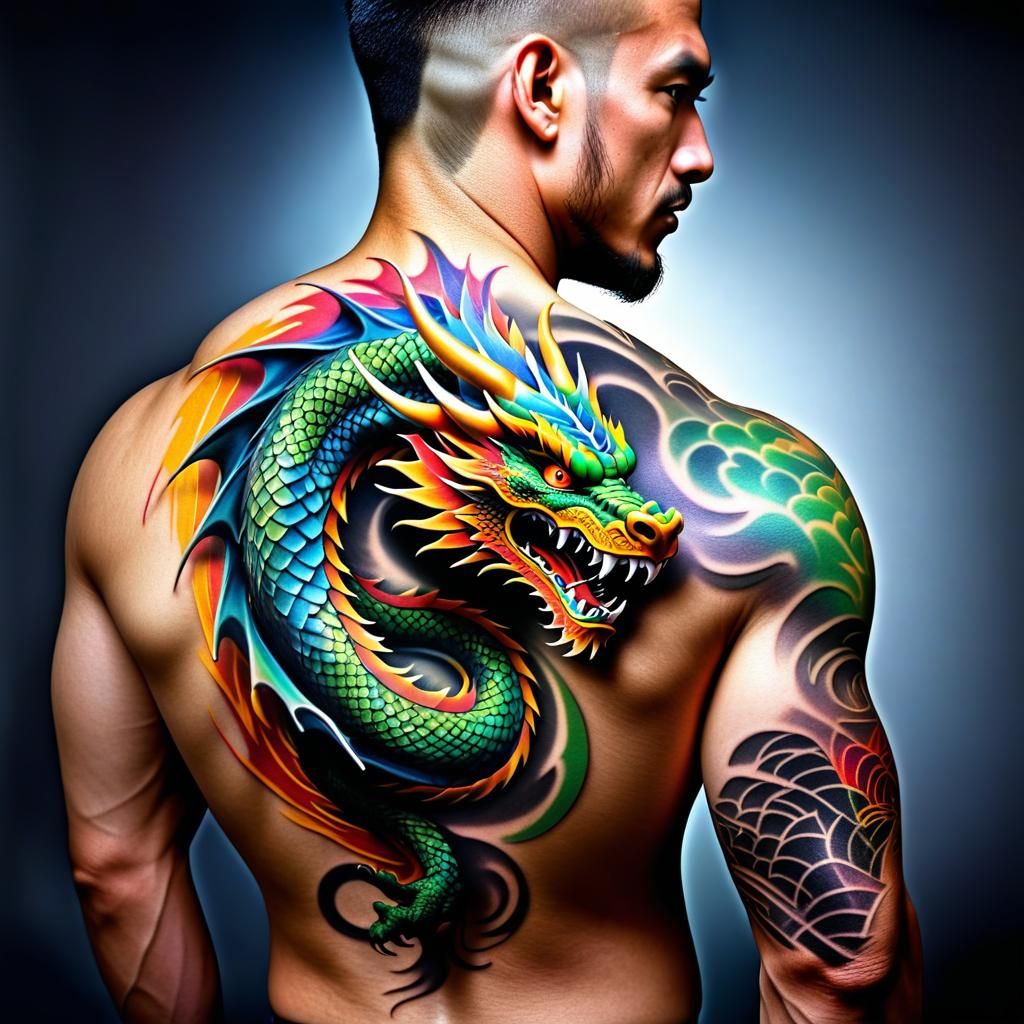 Dragon Tattoo Art on Man's Back in HDR