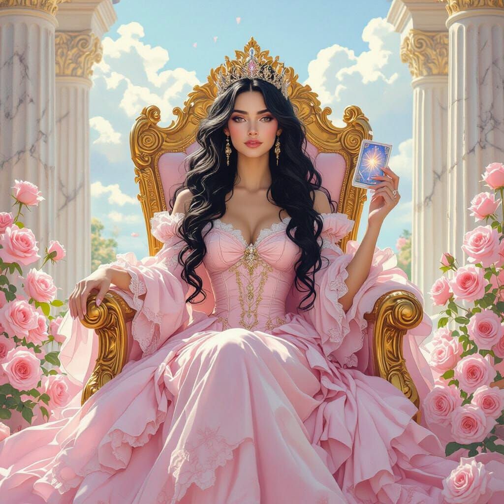Fantasy Queen on Golden Throne in Dreamy Renaissance Style
