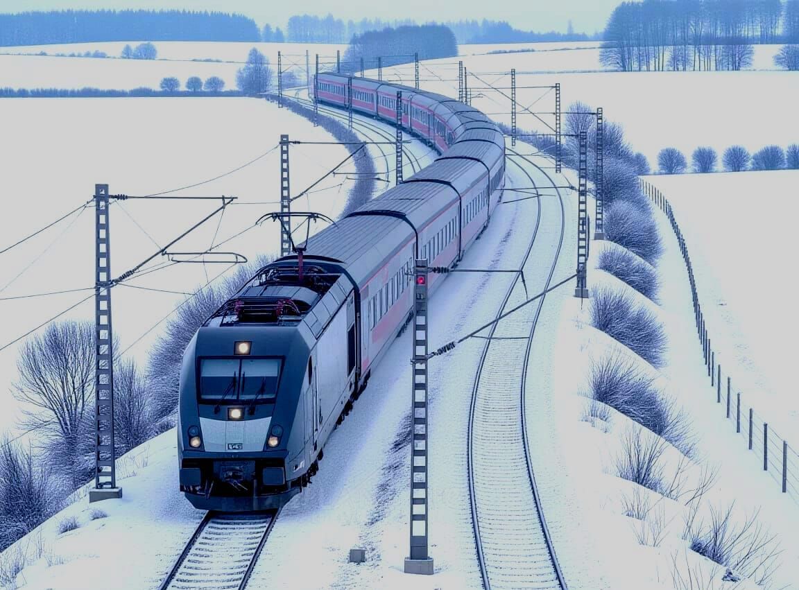 Realistic Coastal Train in Snowy France from Drone View