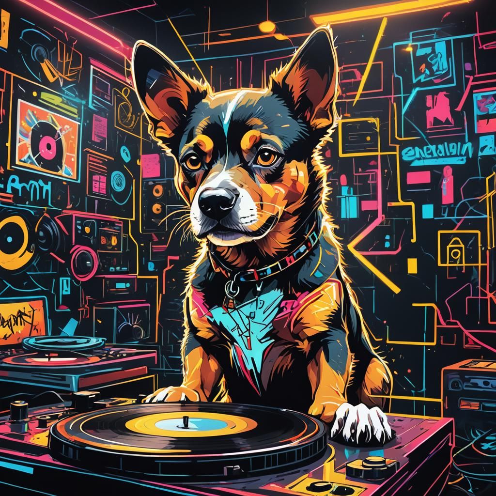 Dog DJ in Graffiti Art Style Nightclub