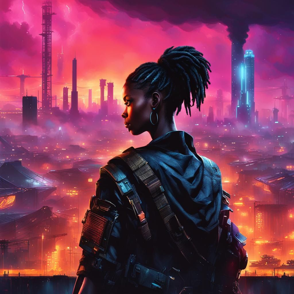 Afrofuturistic Amazon Warrior in Cyberpunk City