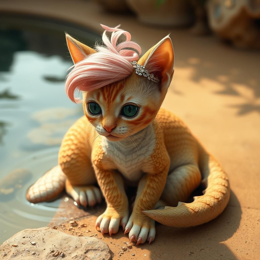 Dragon Cat with Pink Hair by Water Pool