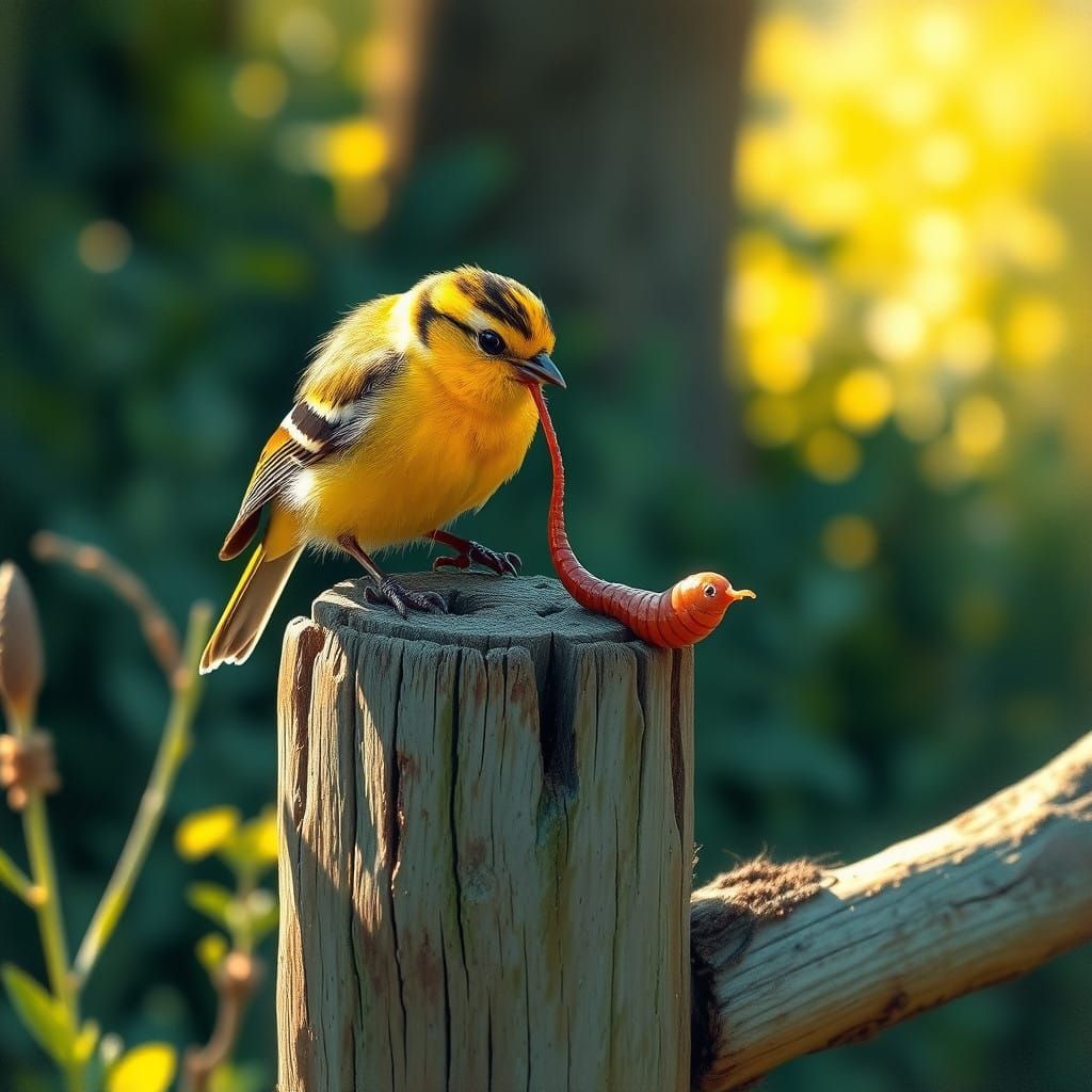 Vibrant Yellow Bird Devours a Plump Worm in Whimsical Style