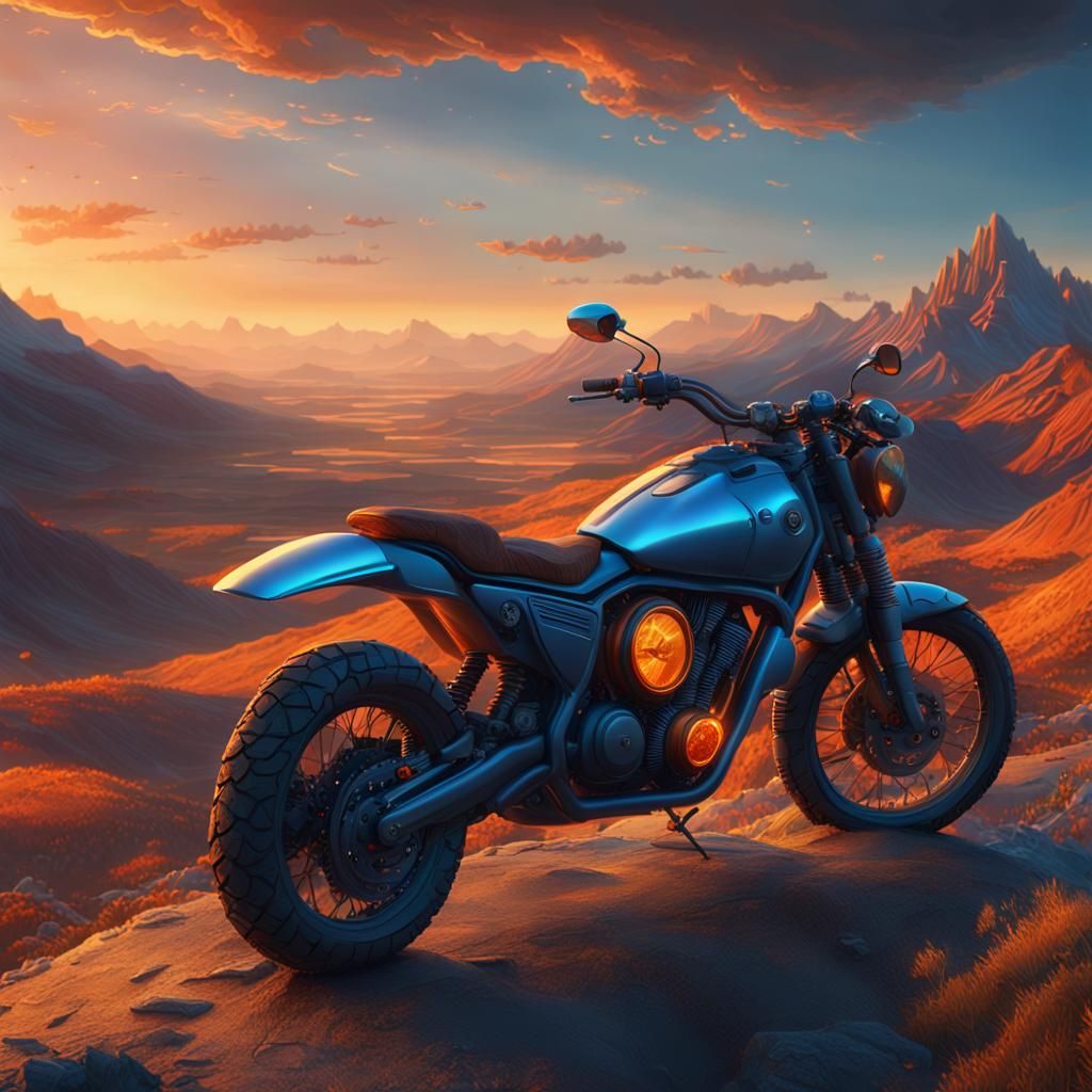 Fantasy Motorcycle at Sunset in Surreal Style